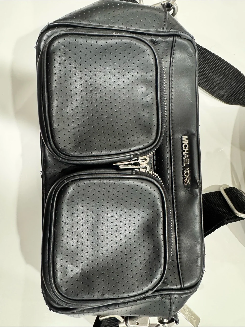Michael Kors Black Perforated Dual-Pocket Messenger Bag